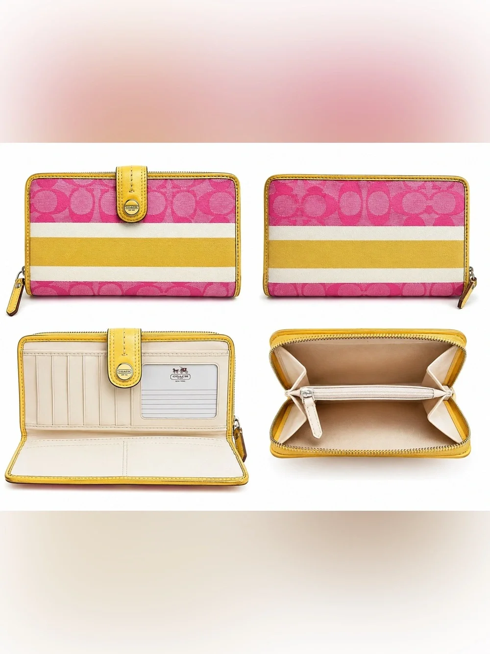 Coach Signature Pink Jacquard Zip Around Wallet Yellow Leather Trim